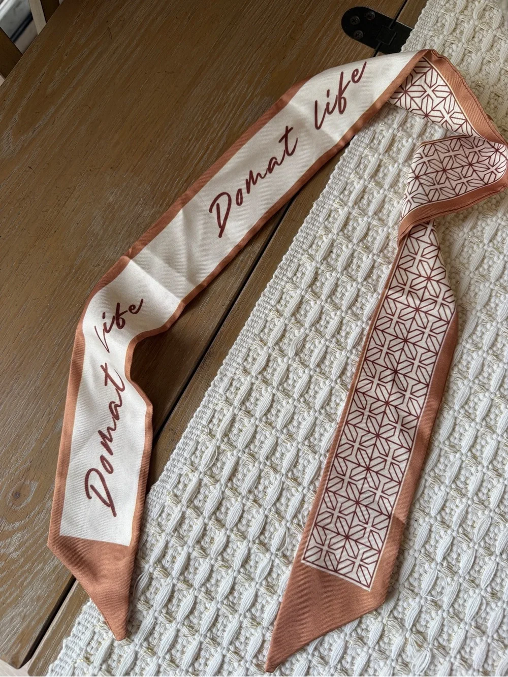 Silk Skinny Scarf in Tan and Cream with Geometric Stripe